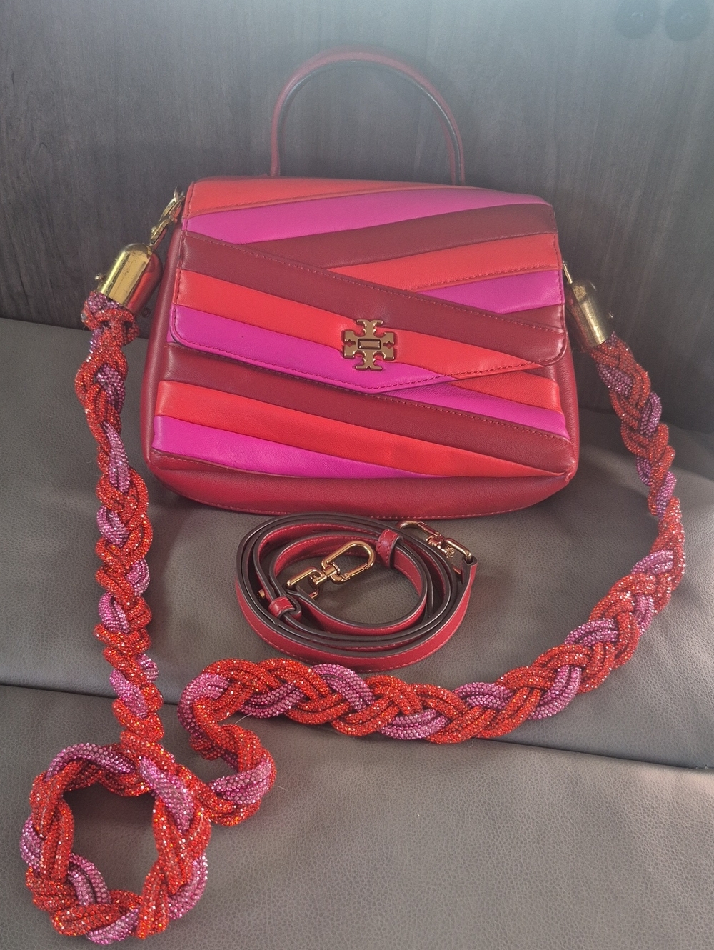 Tory Burch Red, Pink & Coral Quilted Leather Top Handle Crossbody Bag +++ Bling